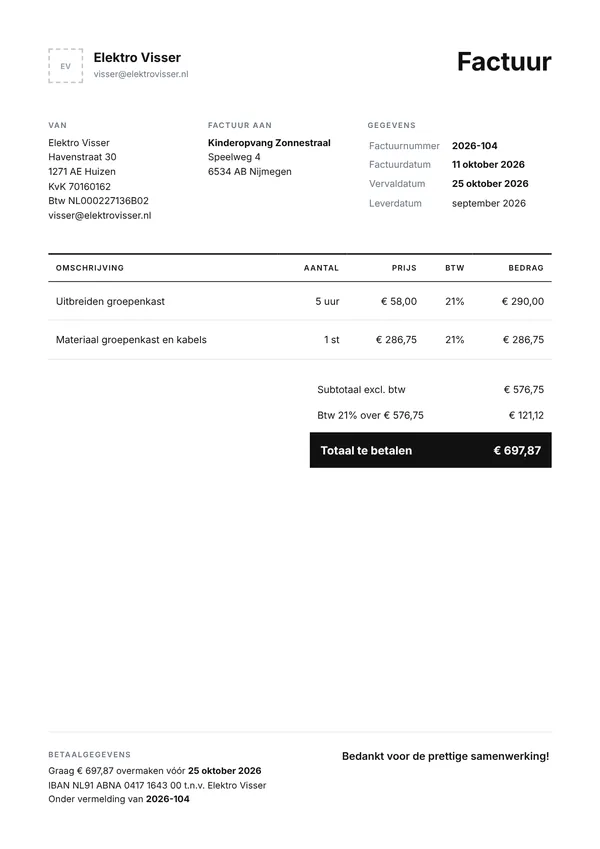 Voorbeeld factuur van een elektricien met gewerkte uren tegen een vast uurtarief, 21% btw en een betaaltermijn van 14 dagen