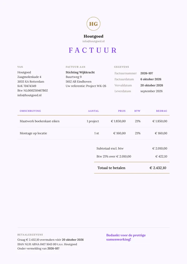 Voorbeeld factuur van een timmerman voor een project met vaste prijs, inclusief 21% btw, factuurnummer en betaalgegevens